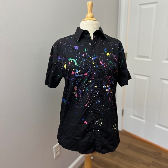 Lee 80's Retro Splatter Paint Black Short Sleeve Button down Sz M - Picture 8 of 9